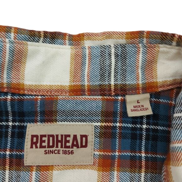 RedHead Flannel Shirt Mens Large Brown Blue Plaid Long Sleeve Cotton Outdoor - Picture 8 of 12